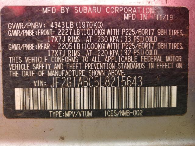 JF2GTABC5L8215643 - 2020 SUBARU CROSSTREK SILVER photo 13