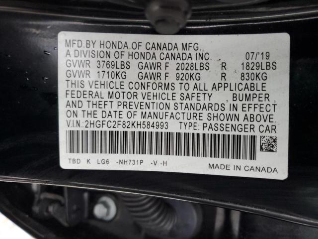 2HGFC2F82KH584993 - 2019 HONDA CIVIC SPORT BLACK photo 12