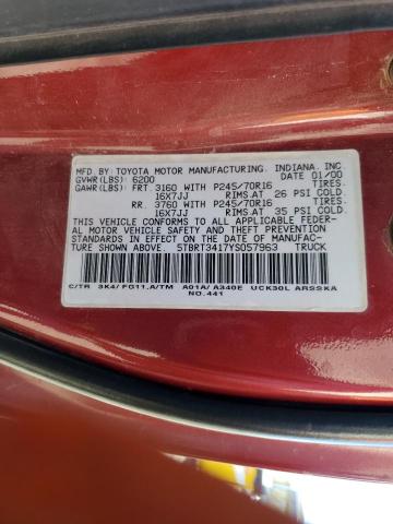 5TBRT3417YS057963 - 2000 TOYOTA TUNDRA ACCESS CAB 勃艮第红 照片 12