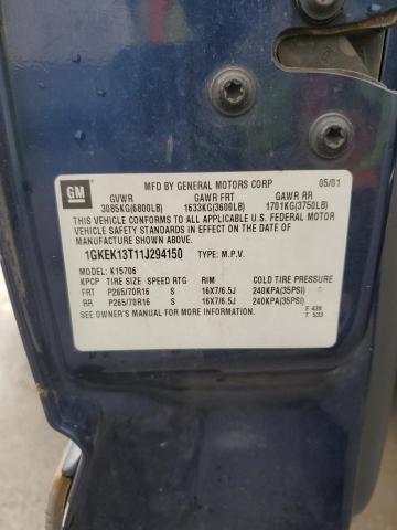 1GKEK13T11J294150 - 2001 GMC YUKON BLUE photo 12