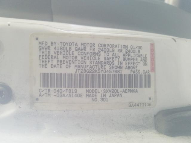 JT2BG22K5Y0457681 - 2000 TOYOTA CAMRY CE  photo 10