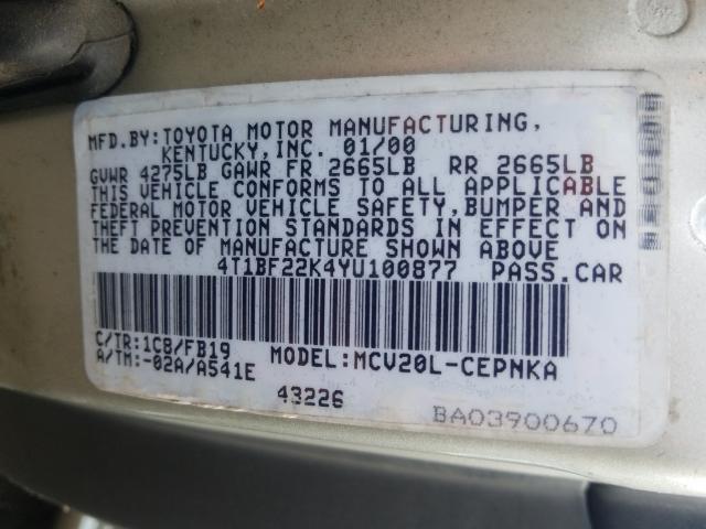 4T1BF22K4YU100877 - 2000 TOYOTA CAMRY LE  photo 10
