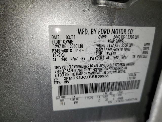 2FMDK3JCXBBB06958 - 2011 FORD EDGE SEL SILVER photo 12