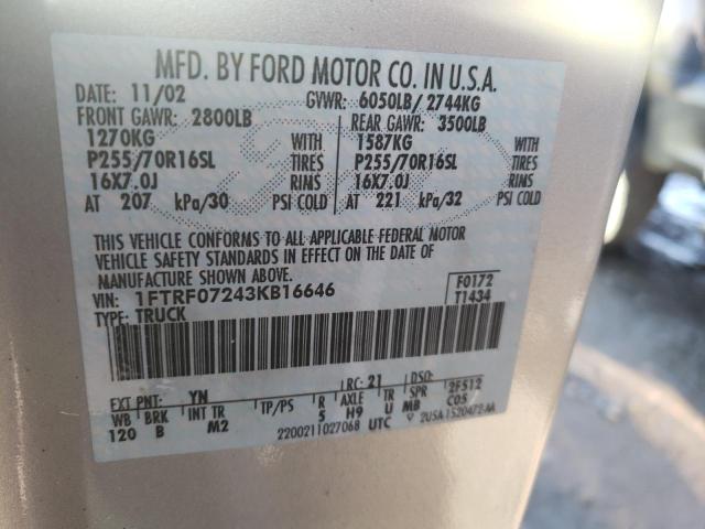 1FTRF07243KB16646 - 2003 FORD F150 SILVER photo 12