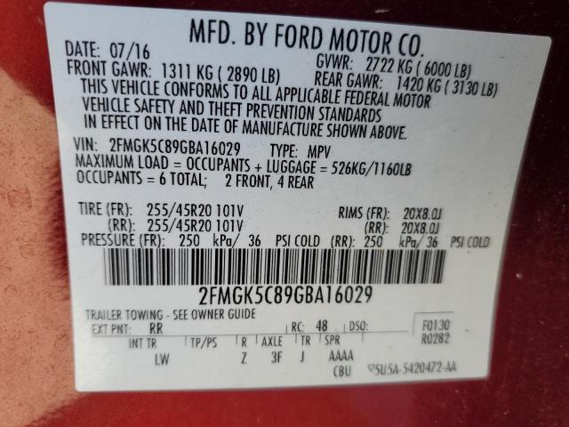 2FMGK5C89GBA16029 - 2016 FORD FLEX SEL RED photo 12