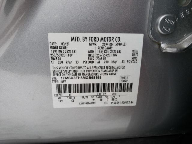 1FMSK8FH8MGB68198 - 2021 FORD EXPLORER LIMITED SILVER photo 12