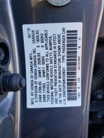 2HGFC2F60KH538321 - 2019 HONDA CIVIC LX GRAY photo 13