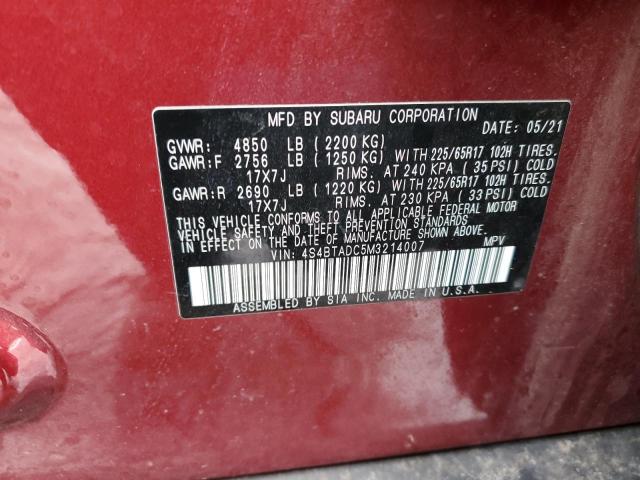 4S4BTADC5M3214007 - 2021 SUBARU OUTBACK PREMIUM RED photo 13