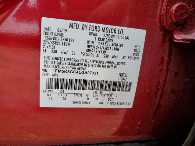 1FM5K8GC4LGA07331 - 2020 FORD EXPLORER ST RED photo 13