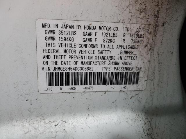 JHMGE8H54DC005882 - 2013 HONDA FIT SPORT WHITE photo 12