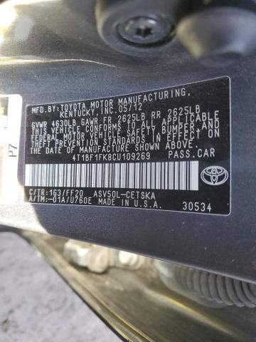 4T1BF1FK8CU109269 - 2012 TOYOTA CAMRY BASE CHARCOAL photo 12