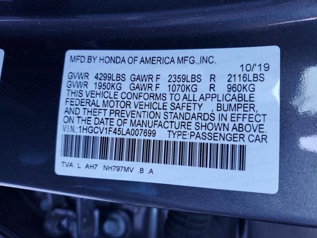 1HGCV1F45LA007699 - 2020 HONDA ACCORD EX GRAY photo 12