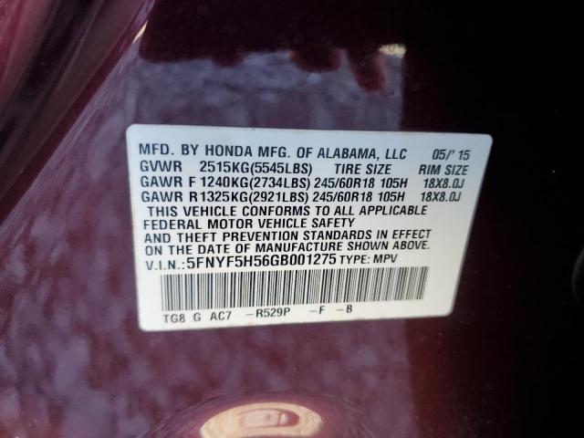 5FNYF5H56GB001275 - 2016 HONDA PILOT EXL BURGUNDY photo 13