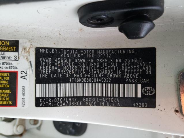 4T1BK3DB0CU445332 - 2012 TOYOTA AVALON BASE 白色 照片 12