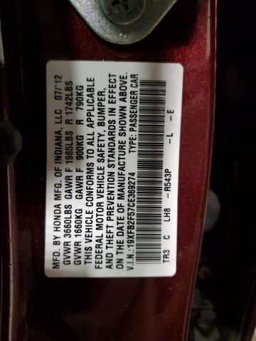 19XFB2F57CE369274 - 2012 HONDA CIVIC LX BURGUNDY photo 12