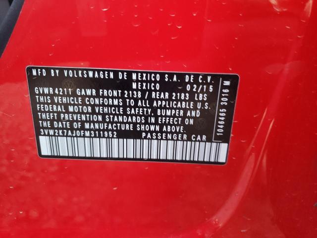 3VW2K7AJ0FM311952 - 2015 VOLKSWAGEN JETTA BASE 红色 照片 12
