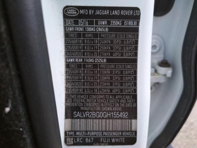 SALVR2BG0GH155492 - 2016 LAND ROVER RANGE ROVE HSE WHITE photo 12