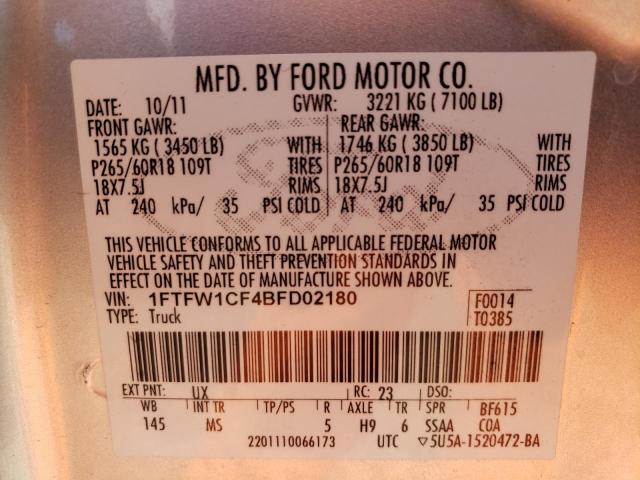 1FTFW1CF4BFD02180 - 2011 FORD F150 SUPERCREW SILVER photo 12