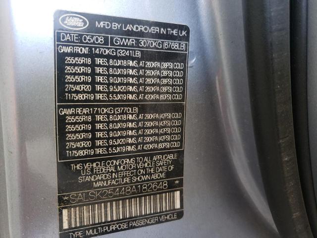 SALSK25448A182648 - 2008 LAND ROVER RANGE ROVE HSE BLUE photo 10