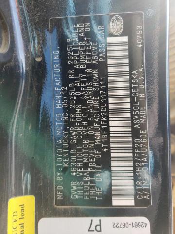 4T1BF1FK2CU117111 - 2012 TOYOTA CAMRY 4D 2 BASE BLUE photo 12