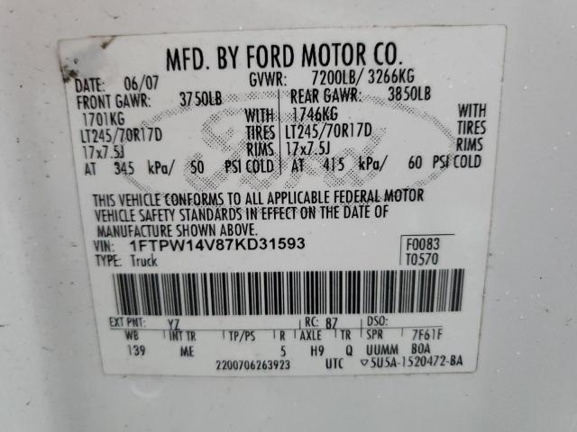 1FTPW14V87KD31593 - 2007 FORD F150 SUPERCREW WHITE photo 12