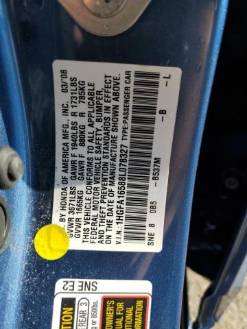 1HGFA16588L078327 - 2008 HONDA CIVIC LX BLUE photo 12