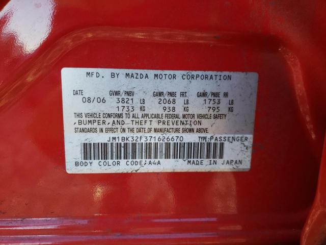 JM1BK32F371626670 - 2007 MAZDA 3 I RED photo 12