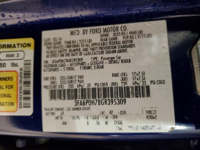 3FA6P0H78GR395309 - 2016 FORD FUSION SE BLUE photo 12