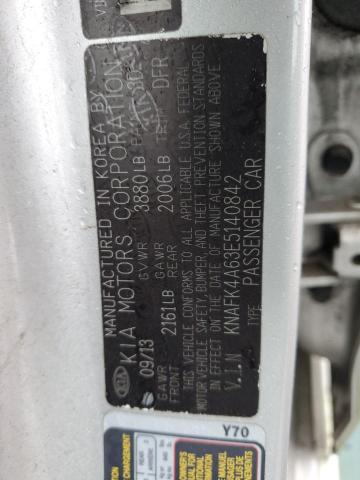 KNAFK4A63E5140842 - 2014 KIA FORTE LX SILVER photo 12