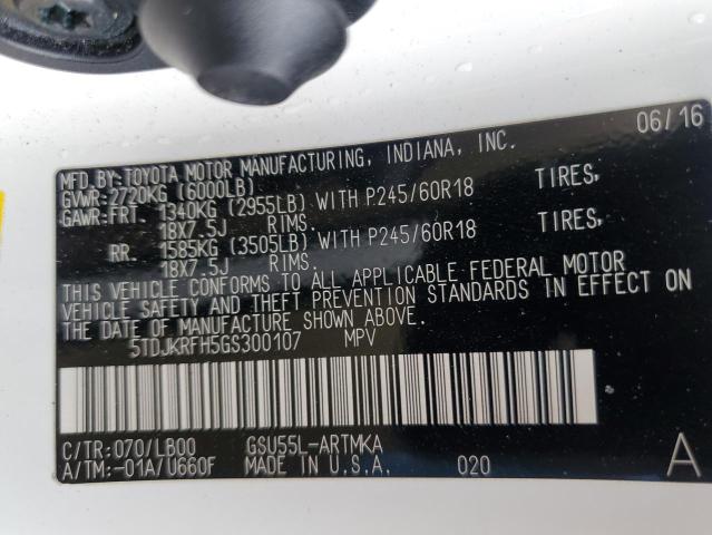 5TDJKRFH5GS300107 - 2016 TOYOTA HIGHLANDER XLE WHITE photo 13