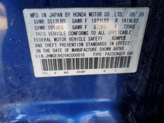 JHMGE8H29AC000016 - 2010 HONDA FIT BLUE photo 13