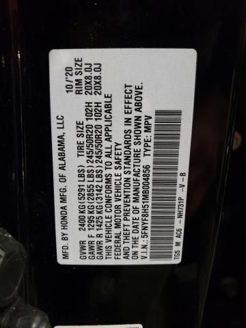 5FNYF8H51MB004856 - 2021 HONDA PASSPORT EXL BLACK photo 13