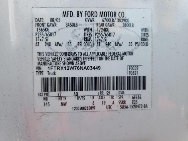 1FTRX12W76NA03449 - 2006 FORD F150 WHITE photo 12