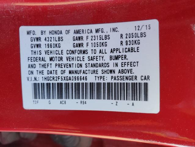 1HGCR2F5XGA096646 - 2016 HONDA ACCORD SPORT RED photo 12