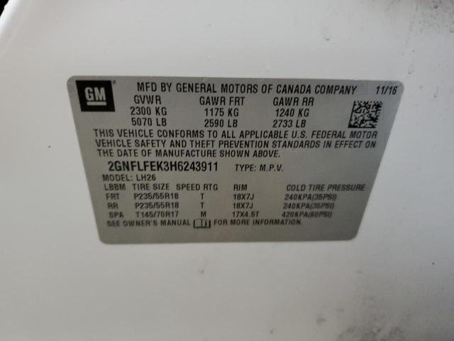 2GNFLFEK3H6243911 - 2017 CHEVROLET EQUINOX LT WHITE photo 13