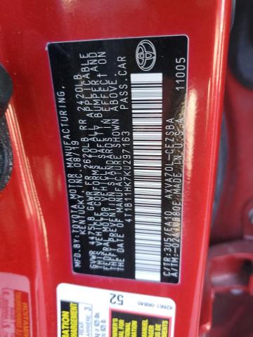 4T1B11HK7KU297163 - 2019 TOYOTA CAMRY L RED photo 12