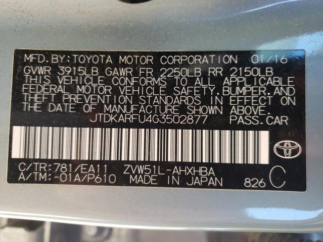 JTDKARFU4G3502877 - 2016 TOYOTA PRIUS TURQUOISE photo 12