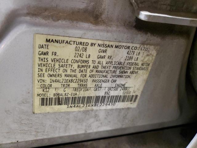 1N4AL21EX8C229450 - 2008 NISSAN ALTIMA 2.5 SILVER photo 12