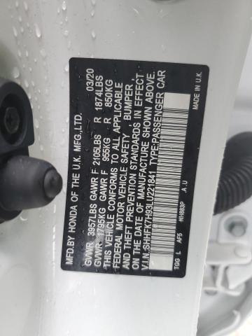 SHHFK7H93LU221841 - 2020 HONDA CIVIC SPORT TOURING WHITE photo 13