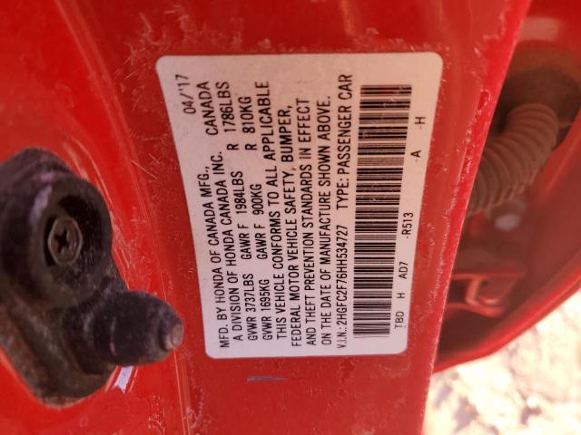 2HGFC2F76HH534727 - 2017 HONDA CIVIC EX RED photo 13