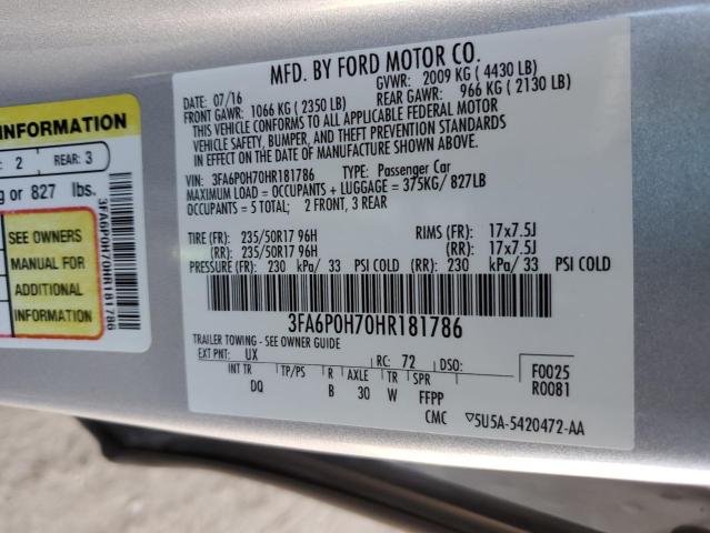 3FA6P0H70HR181786 - 2017 FORD FUSION SE SILVER photo 12