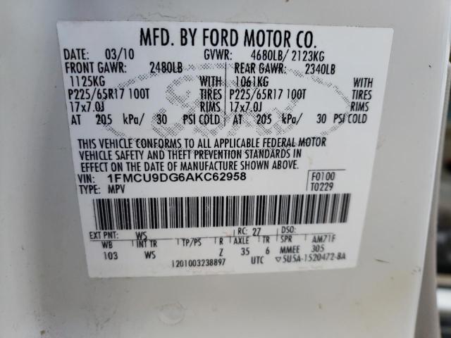 1FMCU9DG6AKC62958 - 2010 FORD ESCAPE XLT WHITE photo 14