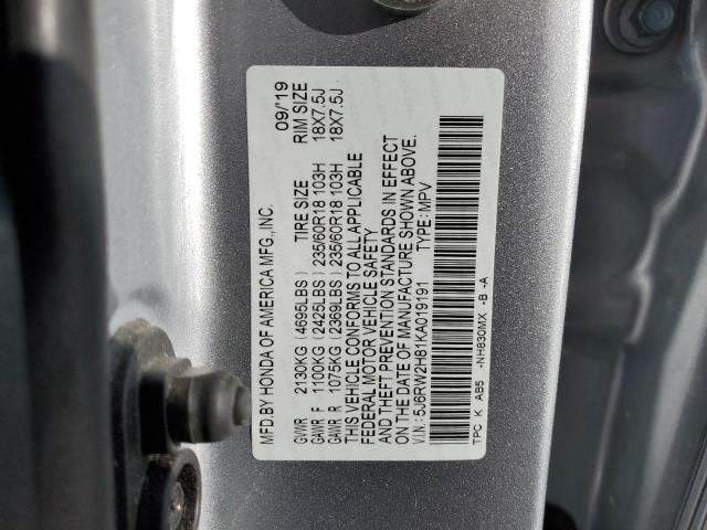 5J6RW2H81KA019191 - 2019 HONDA CR-V EXL SILVER photo 13