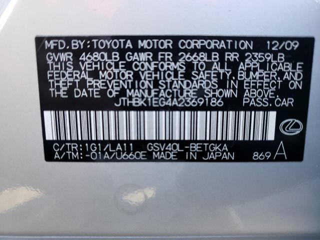 JTHBK1EG4A2369186 - 2010 LEXUS ES 350 SILVER photo 12