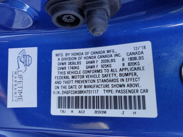 2HGFC3A58KH751117 - 2019 HONDA CIVIC SI BLUE photo 12