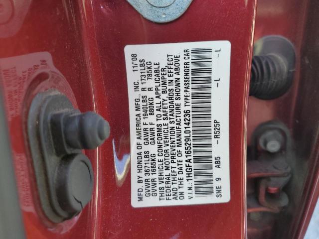 1HGFA16529L014236 - 2009 HONDA CIVIC LX RED photo 12