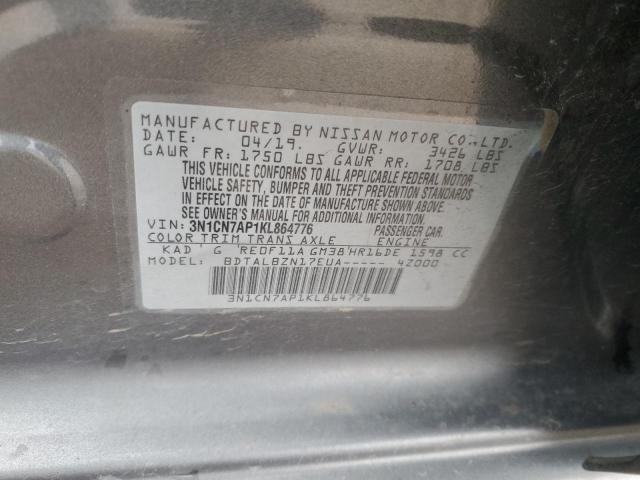 3N1CN7AP1KL864776 - 2019 NISSAN VERSA S GRAY photo 13