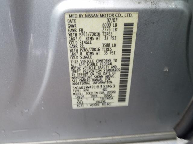 5N1AR18W47C635963 - 2007 NISSAN PATHFINDER LE  ფოტო 10