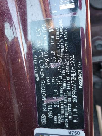 3KPFK4A73HE050224 - 2017 KIA FORTE LX MAROON photo 12