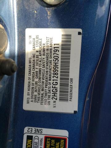 2HGFG12899H507911 - 2009 HONDA CIVIC EX BLUE photo 12